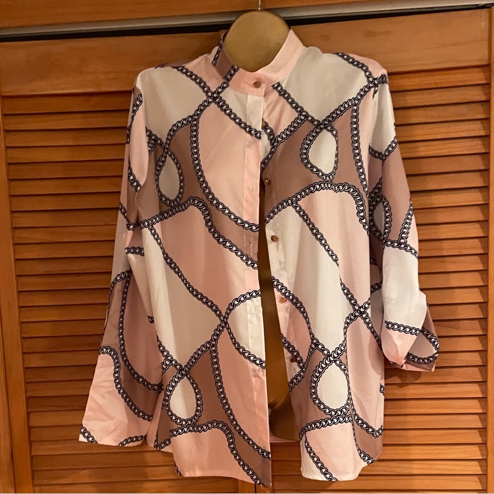Chain Print Split Neck Blouse Pink White Large